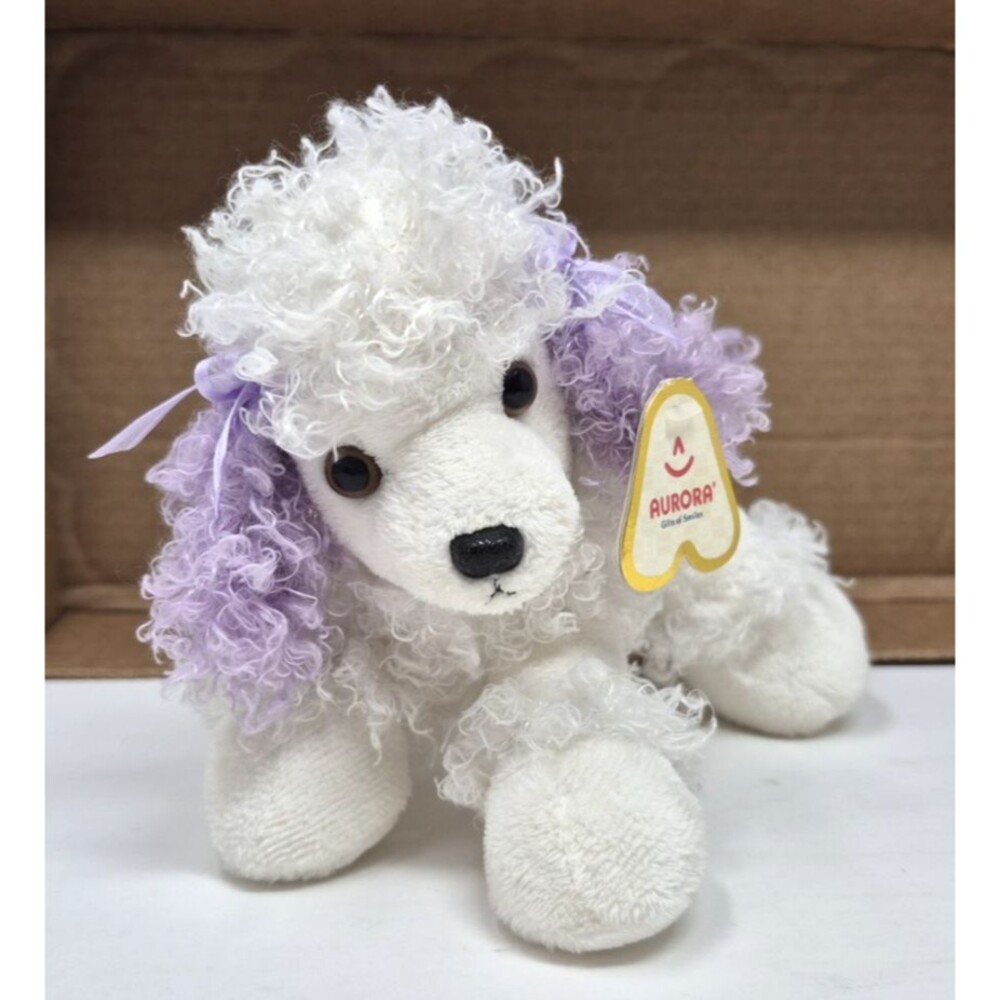 Aurora French Poodle White & Purple Dog Plush w\ Tags -Stuffed Animal w\ Bows 7"